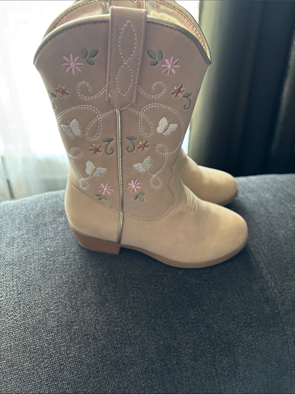 Girls Beige Western Boots with Pink & White Embroidery